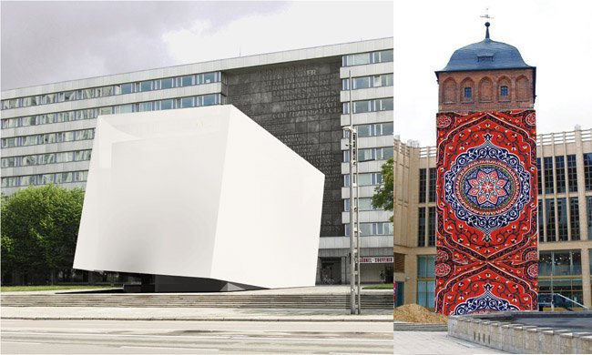 Verhüllter Kalr-Marx-Kopf und Roter Turm